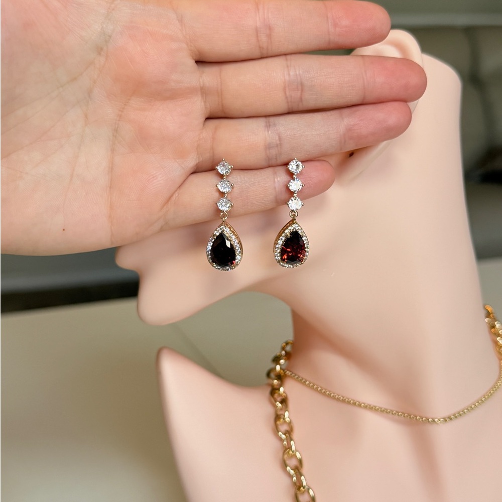 Elegant Gold Drop Earrings with Garnet Red Teardrop Zirconia - Picture 13 of 15